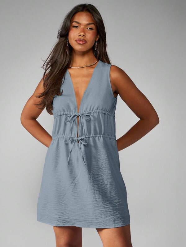 Missguided MISSGUIDED Linen Feel Mini Dress With Double Drawstring Waist Details