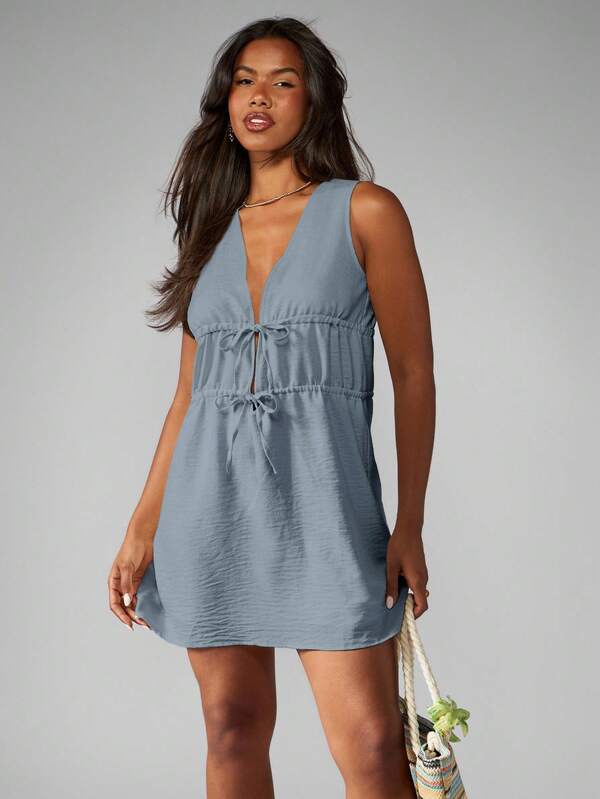 missguided MISSGUIDED Linen Feel Mini Dress With Double Drawstring Waist Details