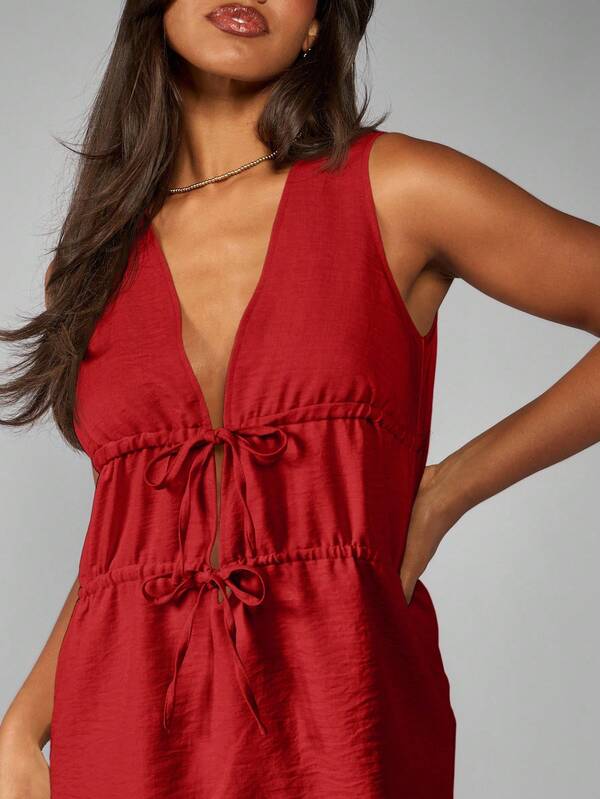 Missguided MISSGUIDED Linen Feel Mini Dress With Empire Waist And Drawstring Detail