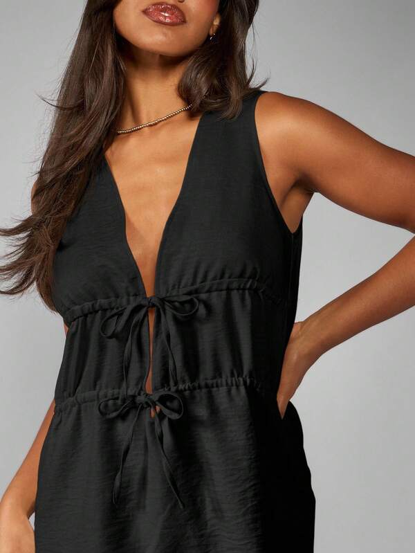 Missguided MISSGUIDED Linen Feel Mini Dress With Front Ties And V Neck