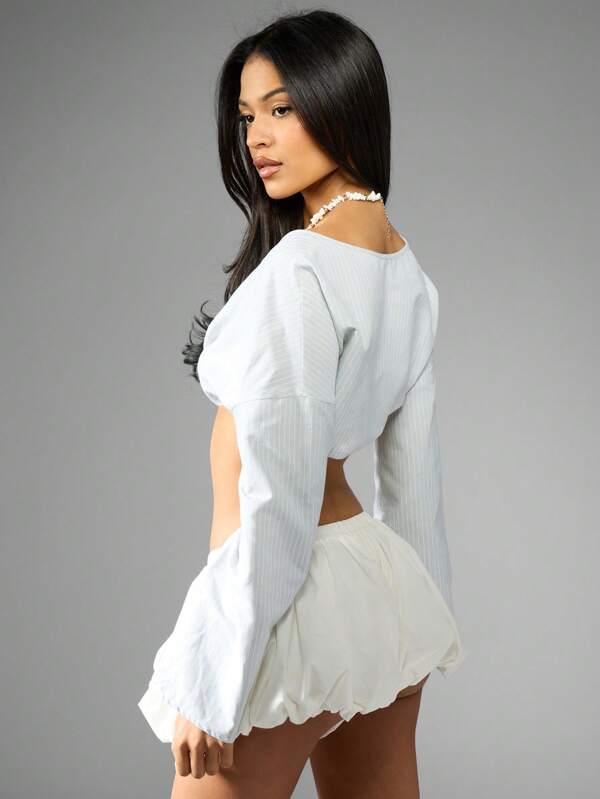 Missguided MISSGUIDED Linen Feel Ruched Tie Front Crop Long Sleeve Top