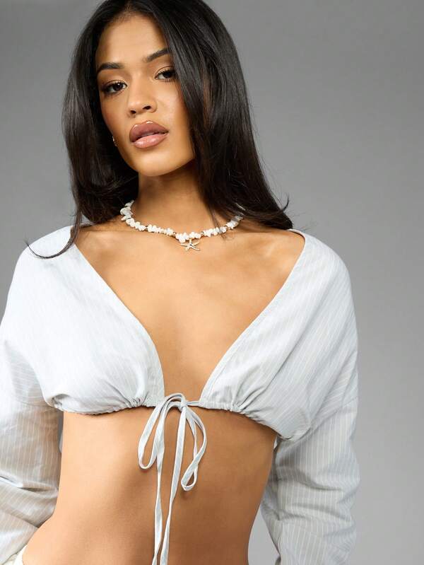 Missguided MISSGUIDED Linen Feel Ruched Tie Front Crop Long Sleeve Top