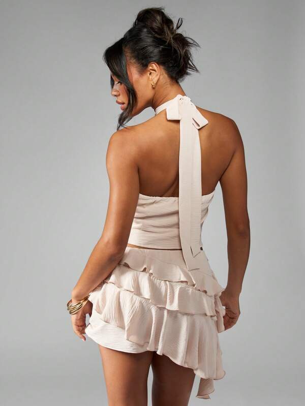 Missguided MISSGUIDED Linen Feel Ruffle Halter Neck Cropped Top Tiered Mini Skirt Two Piece Set