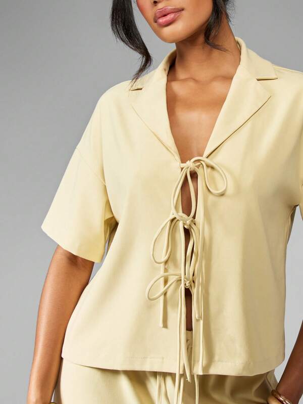 Missguided MISSGUIDED Linen Feel Sophisticated Two-Piece Outfits Triple Tie Blazer Wide Leg Pants