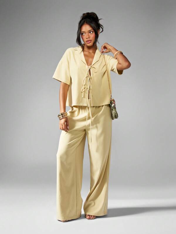 missguided MISSGUIDED Linen Feel Sophisticated Two-Piece Outfits Triple Tie Blazer Wide Leg Pants