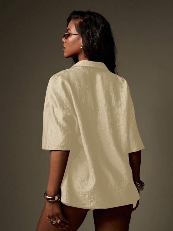 Missguided MISSGUIDED Linen Feel Textured Button Down Two Piece Set With Shorts
