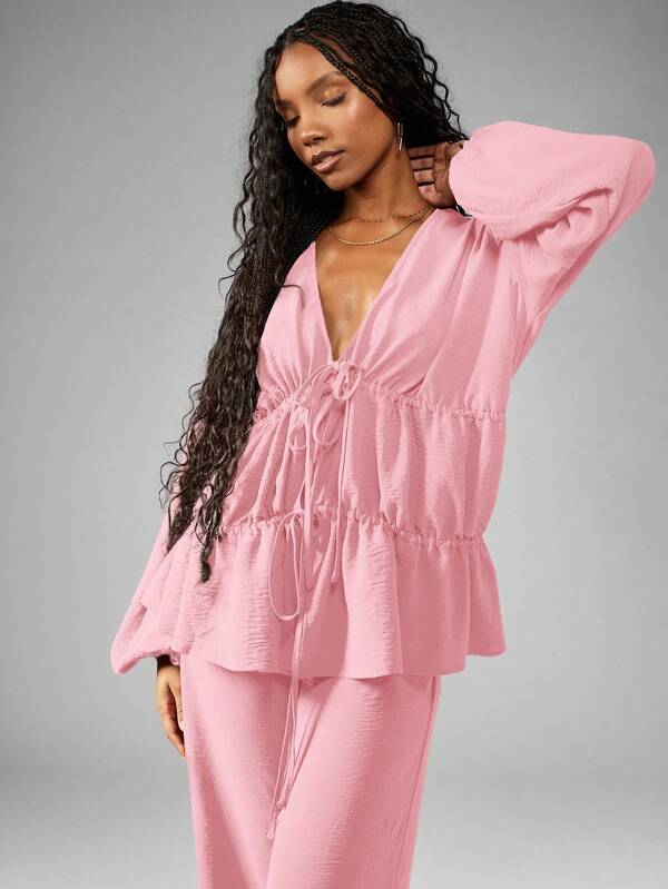 Missguided MISSGUIDED Linen Feel Tiered Ruffle Blouse With Wide Leg Palazzo Pants
