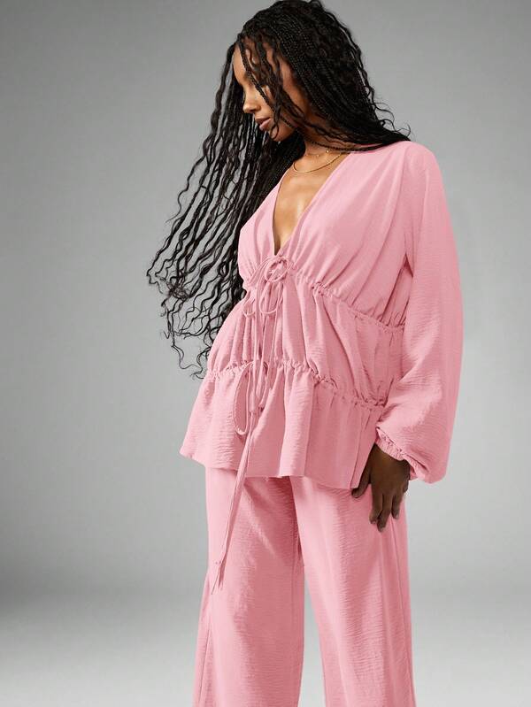 Missguided MISSGUIDED Linen Feel Tiered Ruffle Blouse With Wide Leg Palazzo Pants
