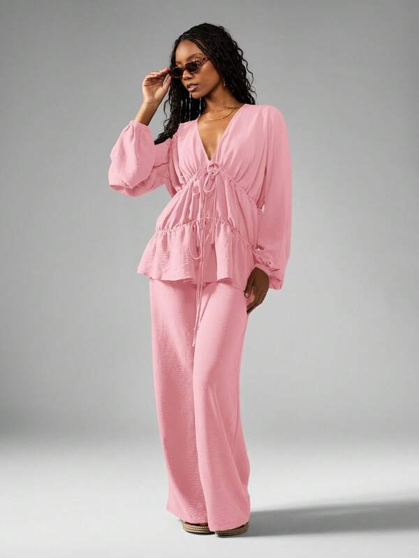 missguided MISSGUIDED Linen Feel Tiered Ruffle Blouse With Wide Leg Palazzo Pants