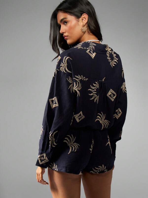 Missguided MISSGUIDED Linen Feel Two Piece Set With Embroidered Sun And Moon Motifs