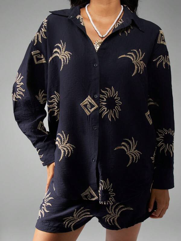 Missguided MISSGUIDED Linen Feel Two Piece Set With Embroidered Sun And Moon Motifs