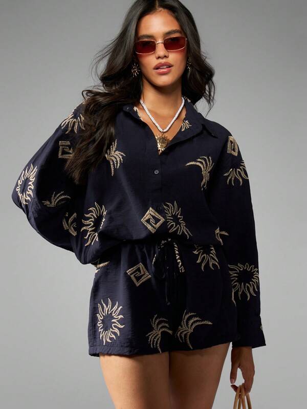 missguided MISSGUIDED Linen Feel Two Piece Set With Embroidered Sun And Moon Motifs
