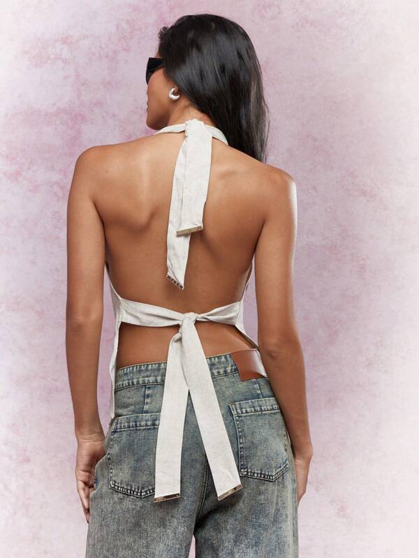 Missguided MISSGUIDED Linen Halter Neck Backless Top