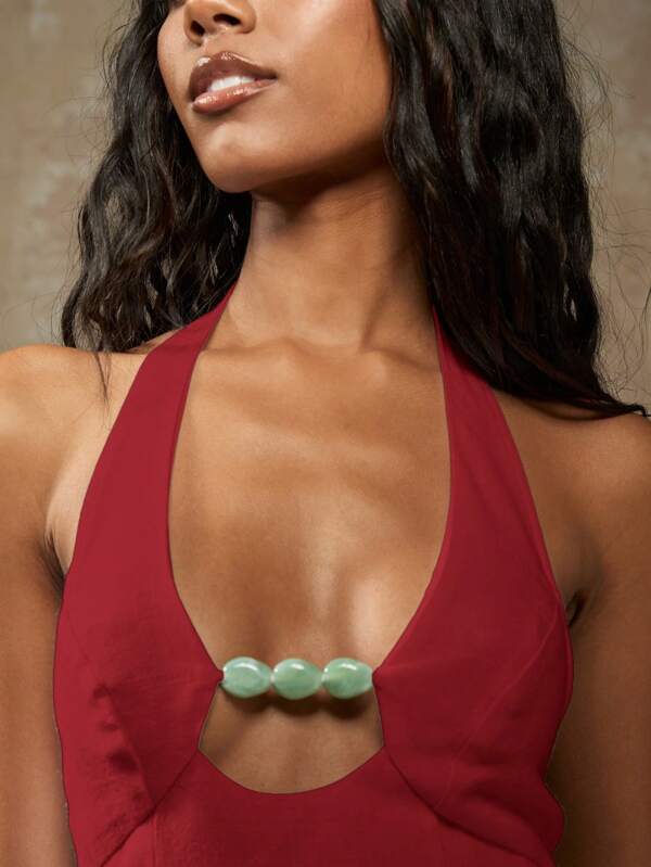 Missguided MISSGUIDED Linen Halter Neck Crop Top With Jade Stone Detail