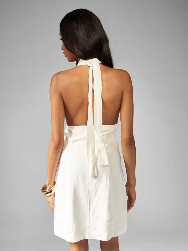 Missguided MISSGUIDED Linen Halter Neck Mini Dress Tailored Fit Side Pockets