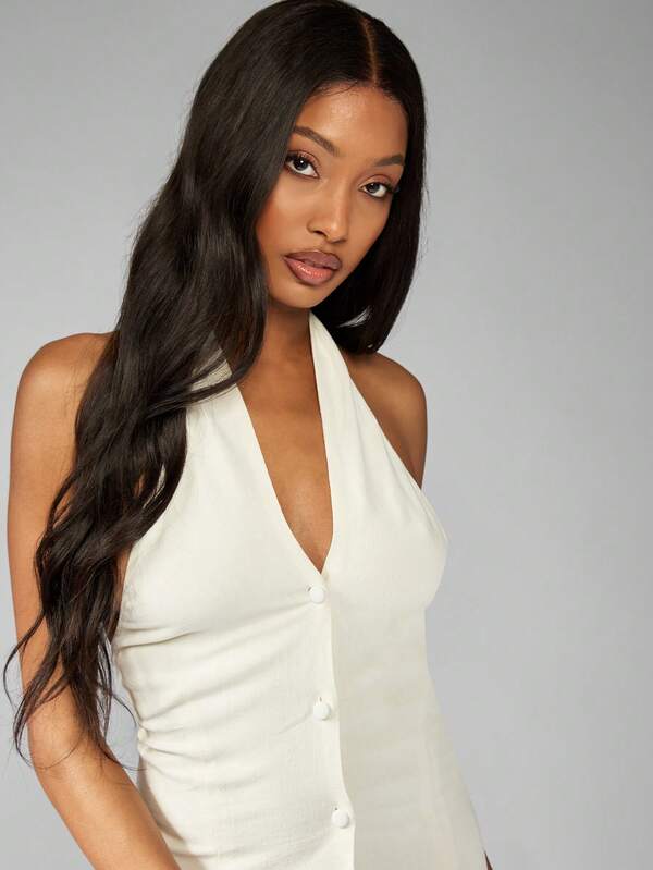 Missguided MISSGUIDED Linen Halter Neck Mini Dress Tailored Fit Side Pockets