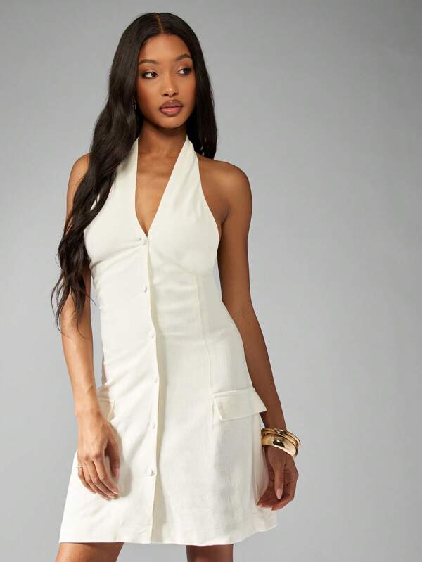 missguided MISSGUIDED Linen Halter Neck Mini Dress Tailored Fit Side Pockets