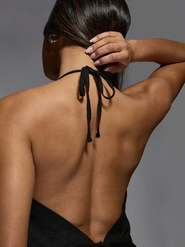 Missguided MISSGUIDED Linen Halter Tank Top With Front Tie Detail