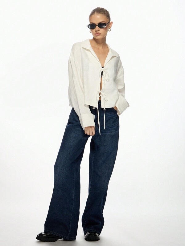 Missguided MISSGUIDED Linen Lightweight Bohemian Style Tie Front Blouse