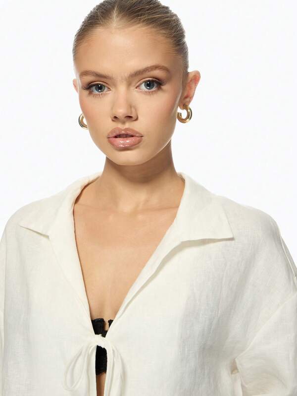 Missguided MISSGUIDED Linen Lightweight Bohemian Style Tie Front Blouse