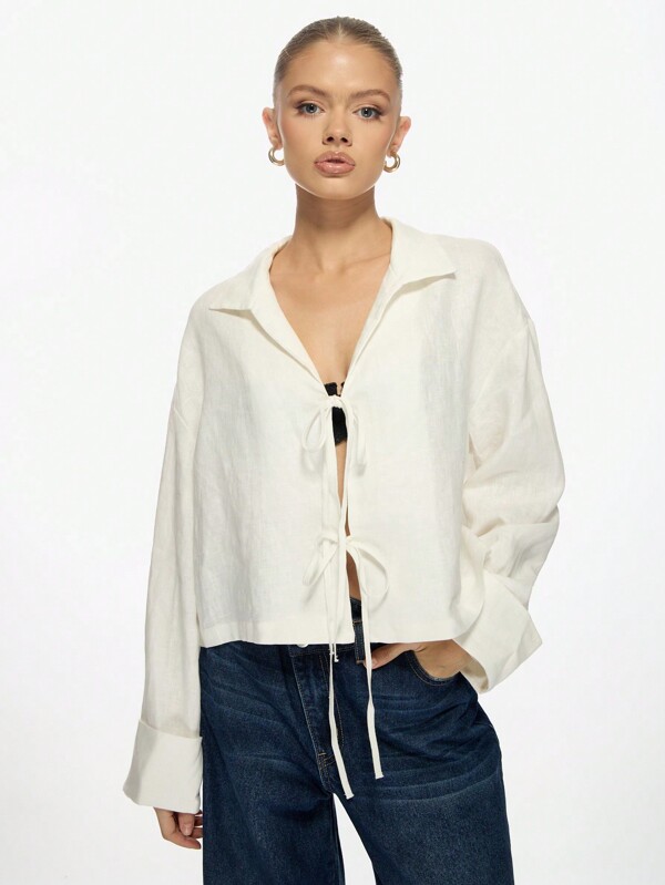 missguided MISSGUIDED Linen Lightweight Bohemian Style Tie Front Blouse