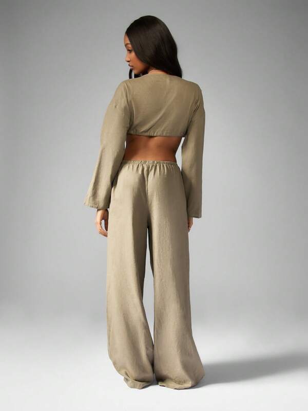 Missguided MISSGUIDED Linen Long Sleeve Crop Top And Wide Leg Palazzo Pants Set