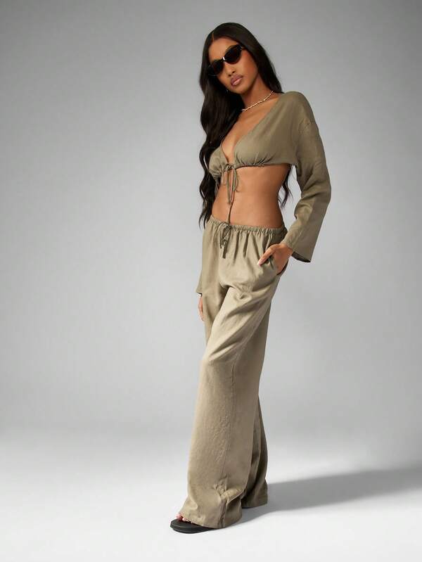 Missguided MISSGUIDED Linen Long Sleeve Crop Top And Wide Leg Palazzo Pants Set