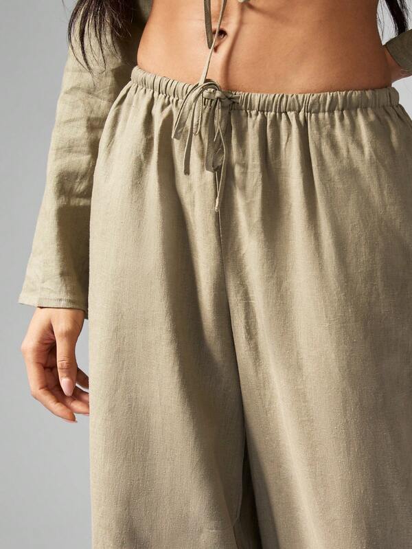 Missguided MISSGUIDED Linen Long Sleeve Crop Top And Wide Leg Palazzo Pants Set