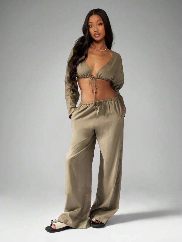 missguided MISSGUIDED Linen Long Sleeve Crop Top And Wide Leg Palazzo Pants Set