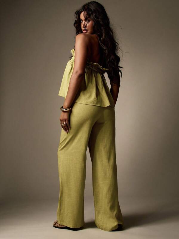 Missguided MISSGUIDED Linen-Look Ruffled Bandeau Top Wide Leg Palazzo Pants Two-Piece Set