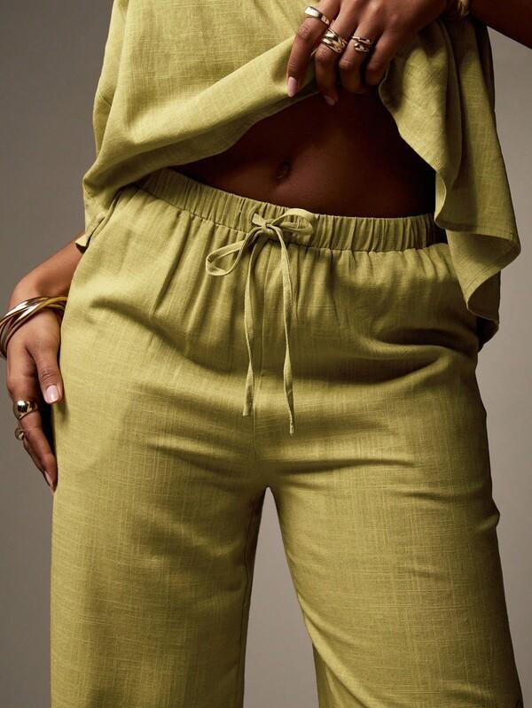 Missguided MISSGUIDED Linen-Look Ruffled Bandeau Top Wide Leg Palazzo Pants Two-Piece Set