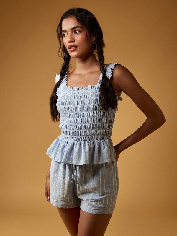 Missguided MISSGUIDED Linen Look Shirred Pleated Wide Leg Two Piece Set With Elastic Top