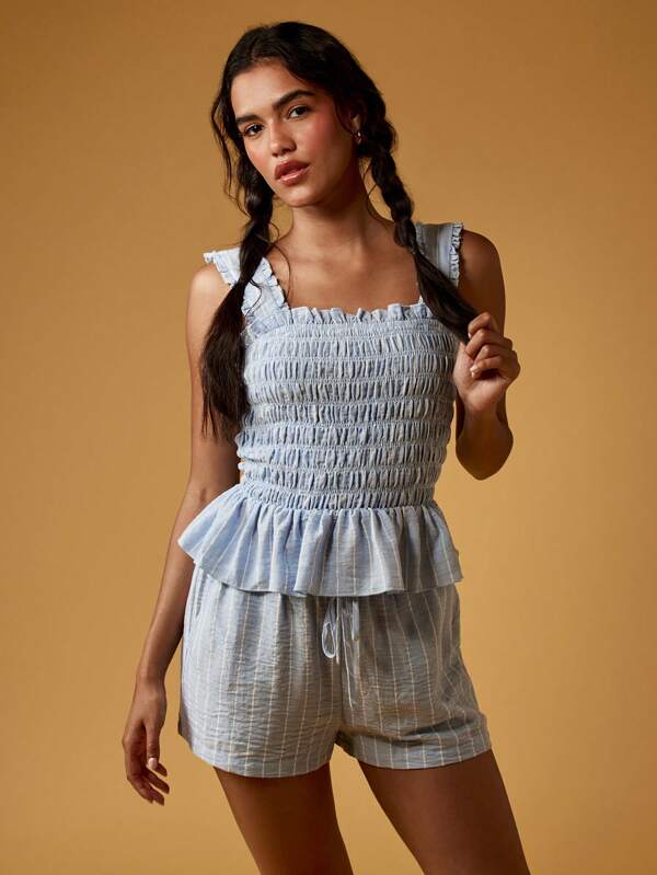 missguided MISSGUIDED Linen Look Shirred Pleated Wide Leg Two Piece Set With Elastic Top