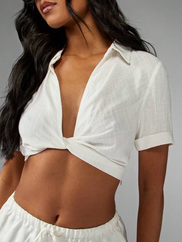 Missguided MISSGUIDED Linen Look Twist Front Crop Collared Button Down Shirt