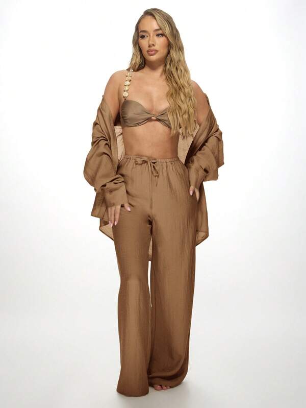 Missguided MISSGUIDED Linen Lounge Lightweight Oversized Palazzo Pants And Button Down Shirt