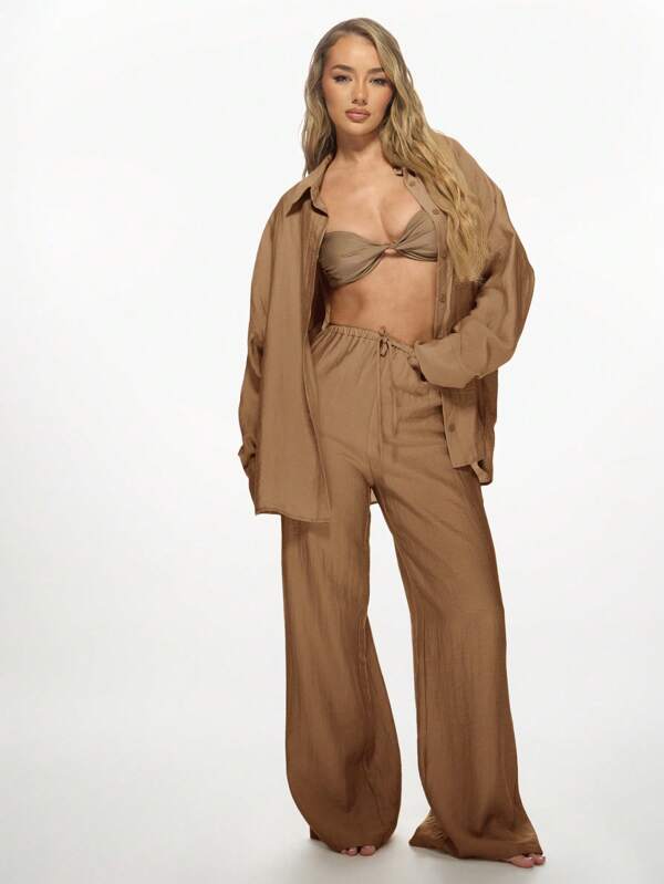 missguided MISSGUIDED Linen Lounge Lightweight Oversized Palazzo Pants And Button Down Shirt