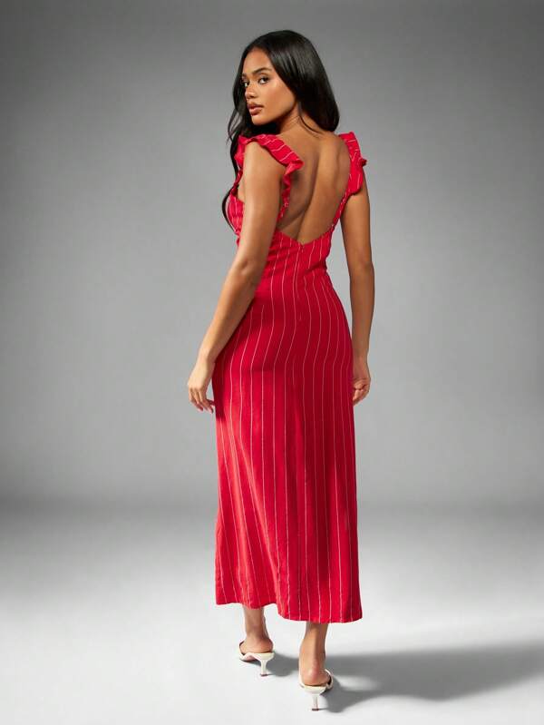Missguided MISSGUIDED Linen Midaxi Dress With Ruffle Straps And Side Slit