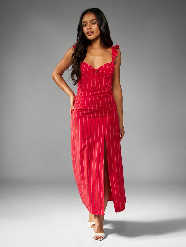 missguided MISSGUIDED Linen Midaxi Dress With Ruffle Straps And Side Slit