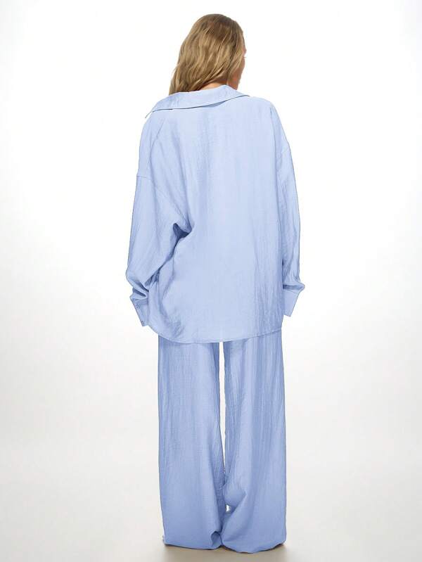 Missguided MISSGUIDED Linen Oversized Button Down Shirt Wide Leg Palazzo Two Piece Outfit