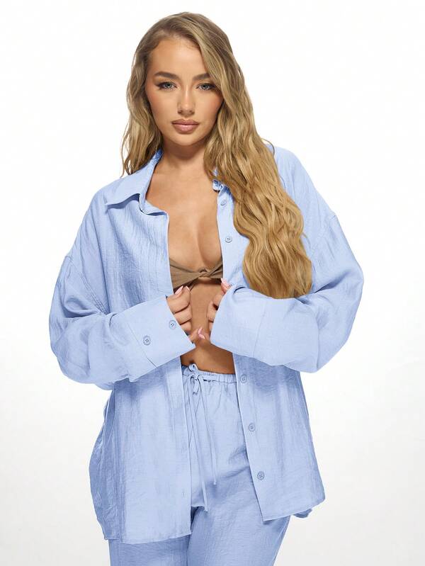 Missguided MISSGUIDED Linen Oversized Button Down Shirt Wide Leg Palazzo Two Piece Outfit