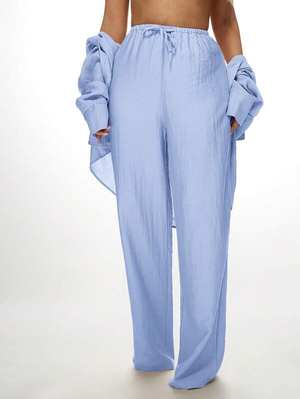 Missguided MISSGUIDED Linen Oversized Button Down Shirt Wide Leg Palazzo Two Piece Outfit