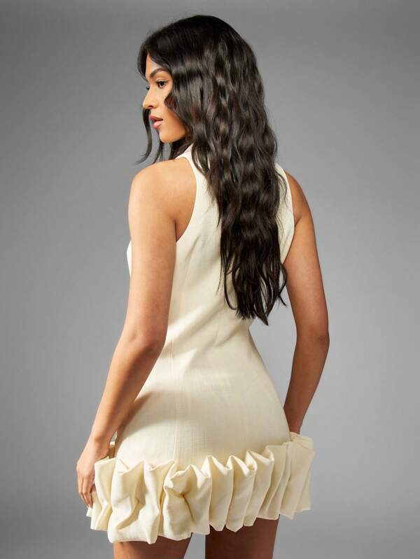 Missguided MISSGUIDED Linen Plunging Neck Sleeveless Blazer Mini Dress Ruffle Hem