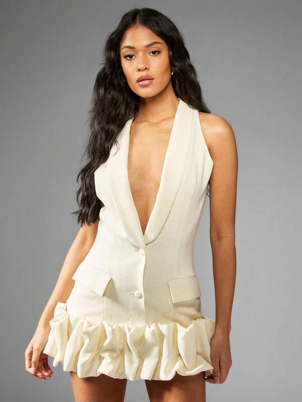 missguided MISSGUIDED Linen Plunging Neck Sleeveless Blazer Mini Dress Ruffle Hem