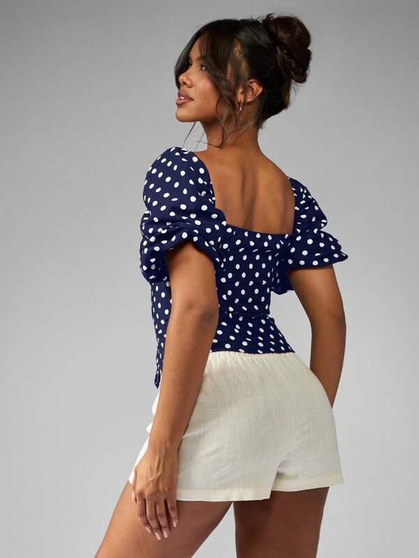 Missguided MISSGUIDED LINEN POLKA DOT TAILORED PUFF SLEEVE TOP