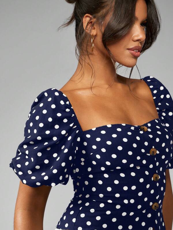 Missguided MISSGUIDED LINEN POLKA DOT TAILORED PUFF SLEEVE TOP