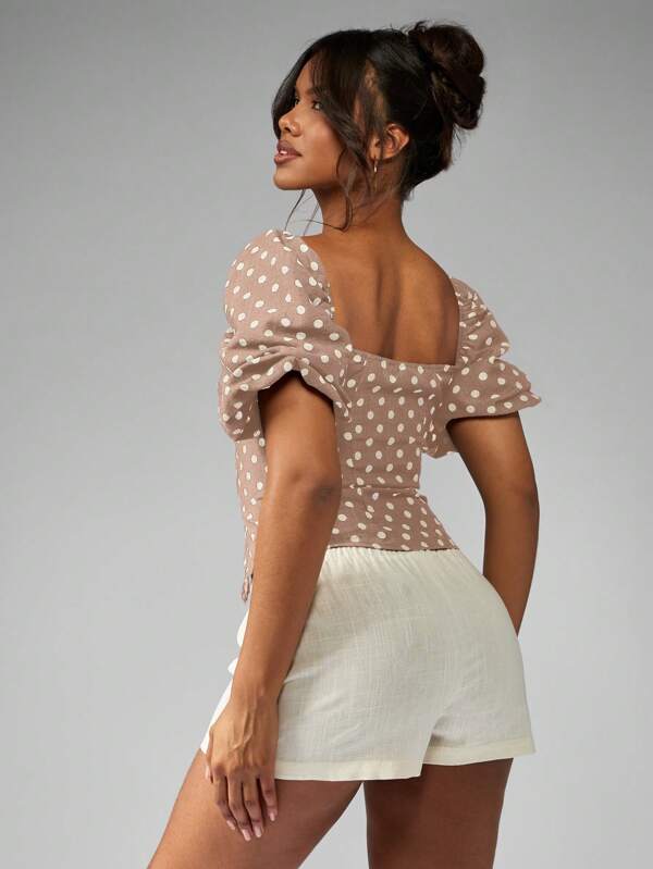 Missguided MISSGUIDED LINEN POLKA DOT TAILORED PUFF SLEEVE TOP