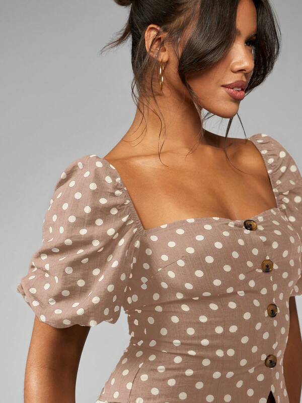 Missguided MISSGUIDED LINEN POLKA DOT TAILORED PUFF SLEEVE TOP