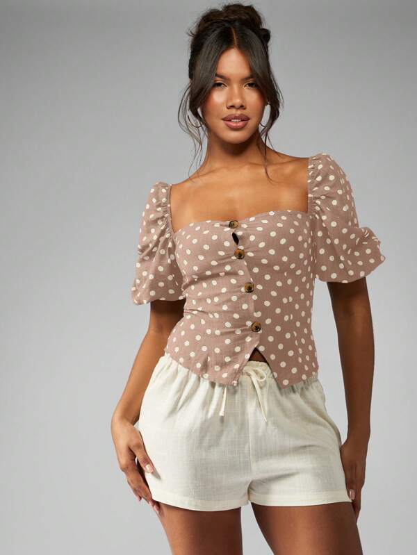 missguided MISSGUIDED LINEN POLKA DOT TAILORED PUFF SLEEVE TOP