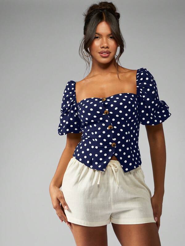 missguided MISSGUIDED LINEN POLKA DOT TAILORED PUFF SLEEVE TOP
