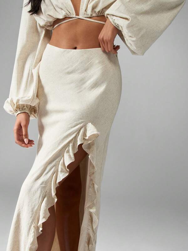 Missguided MISSGUIDED Linen Ruffle Split High Waisted Maxi Skirt